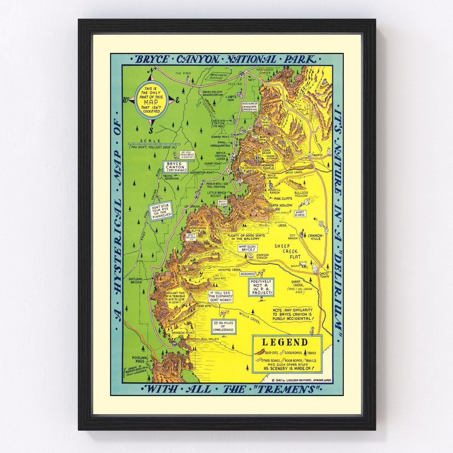 Vintage map of Bryce Canyon National Park, 1940 - digitally restored cartographic print