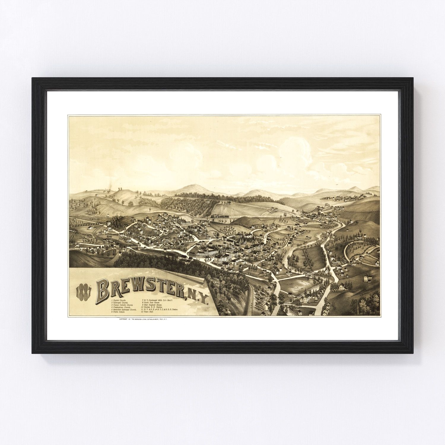 vintage map of Brewster New York, 1887, restored print wall art