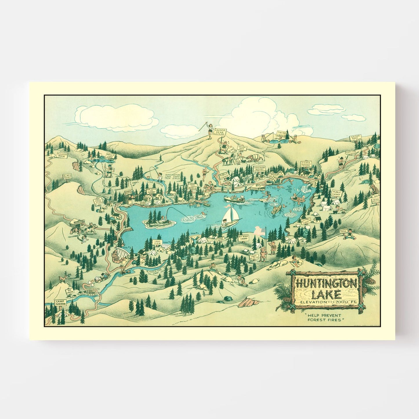 Vintage Map of Huntington Lake, California, 1940