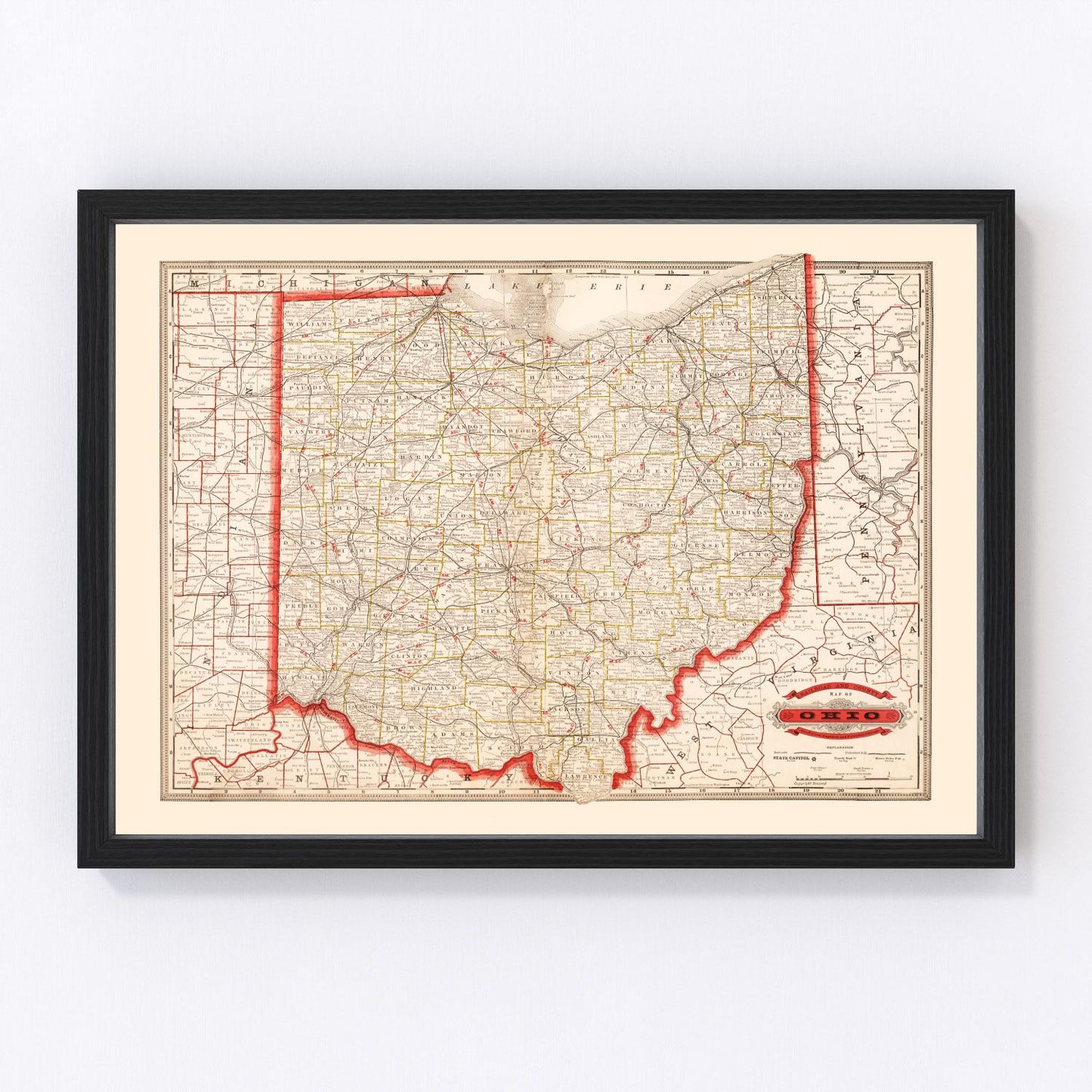 vintage railroad map of Ohio, 1882