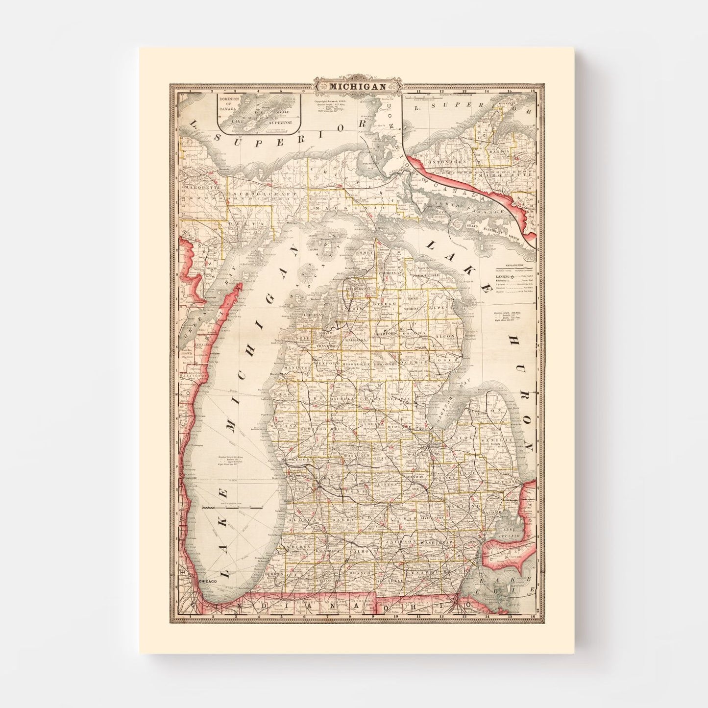 Vintage Map of Michigan, 1882