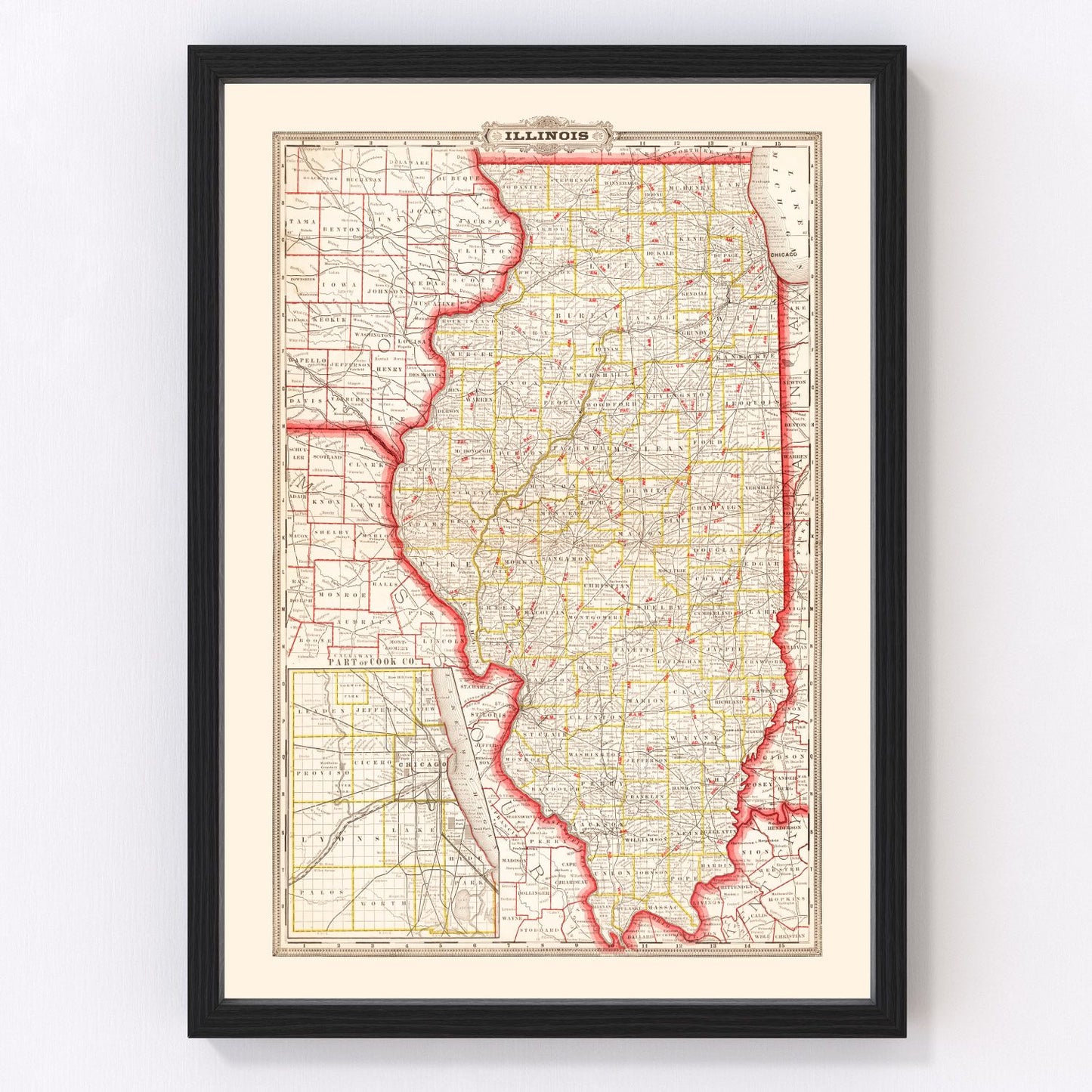 Vintage map of Illinois, 1882