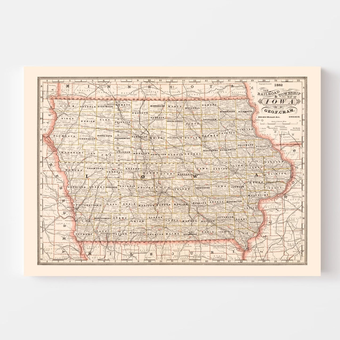 Vintage Railroad Map of Iowa, 1882