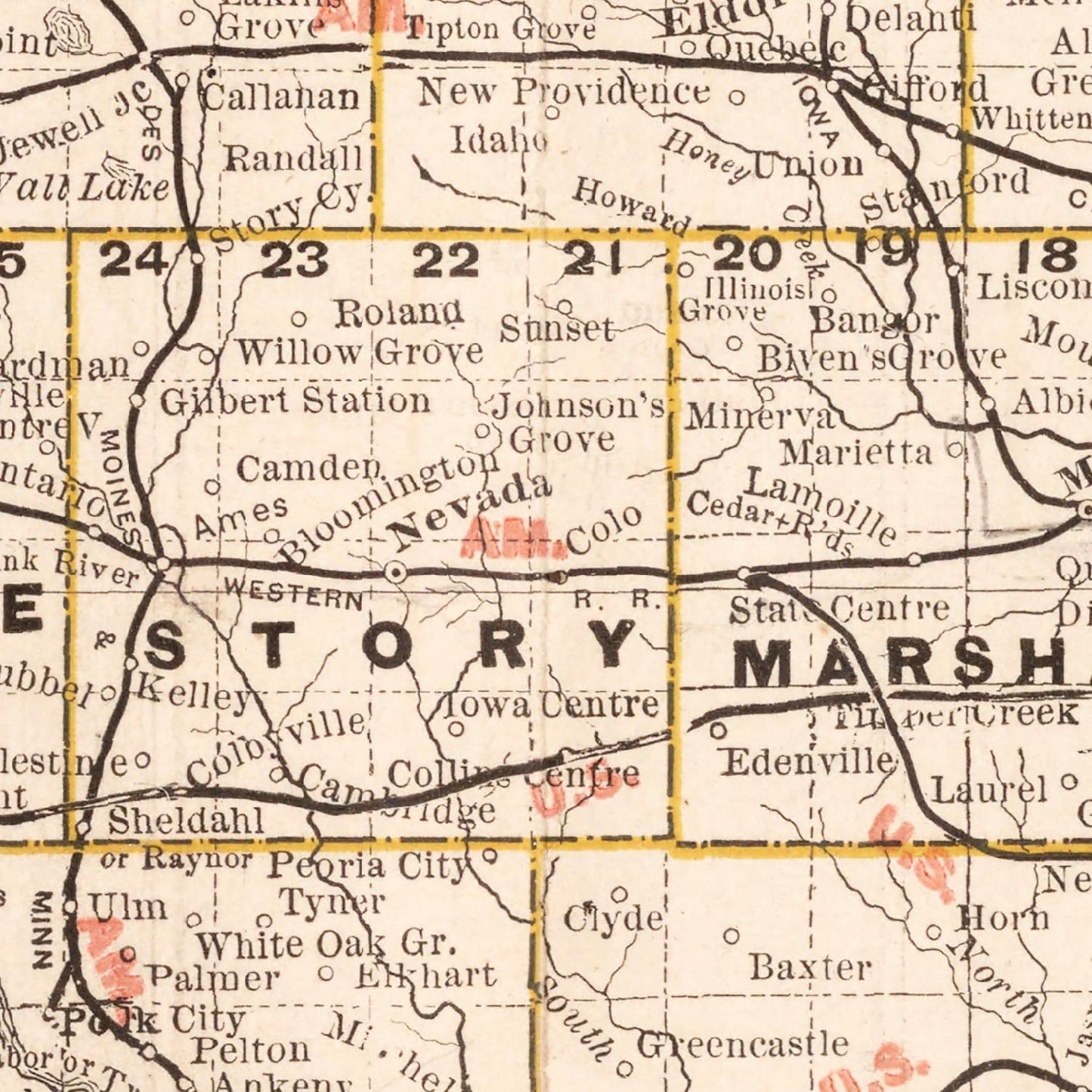 Vintage Railroad Map of Iowa, 1882