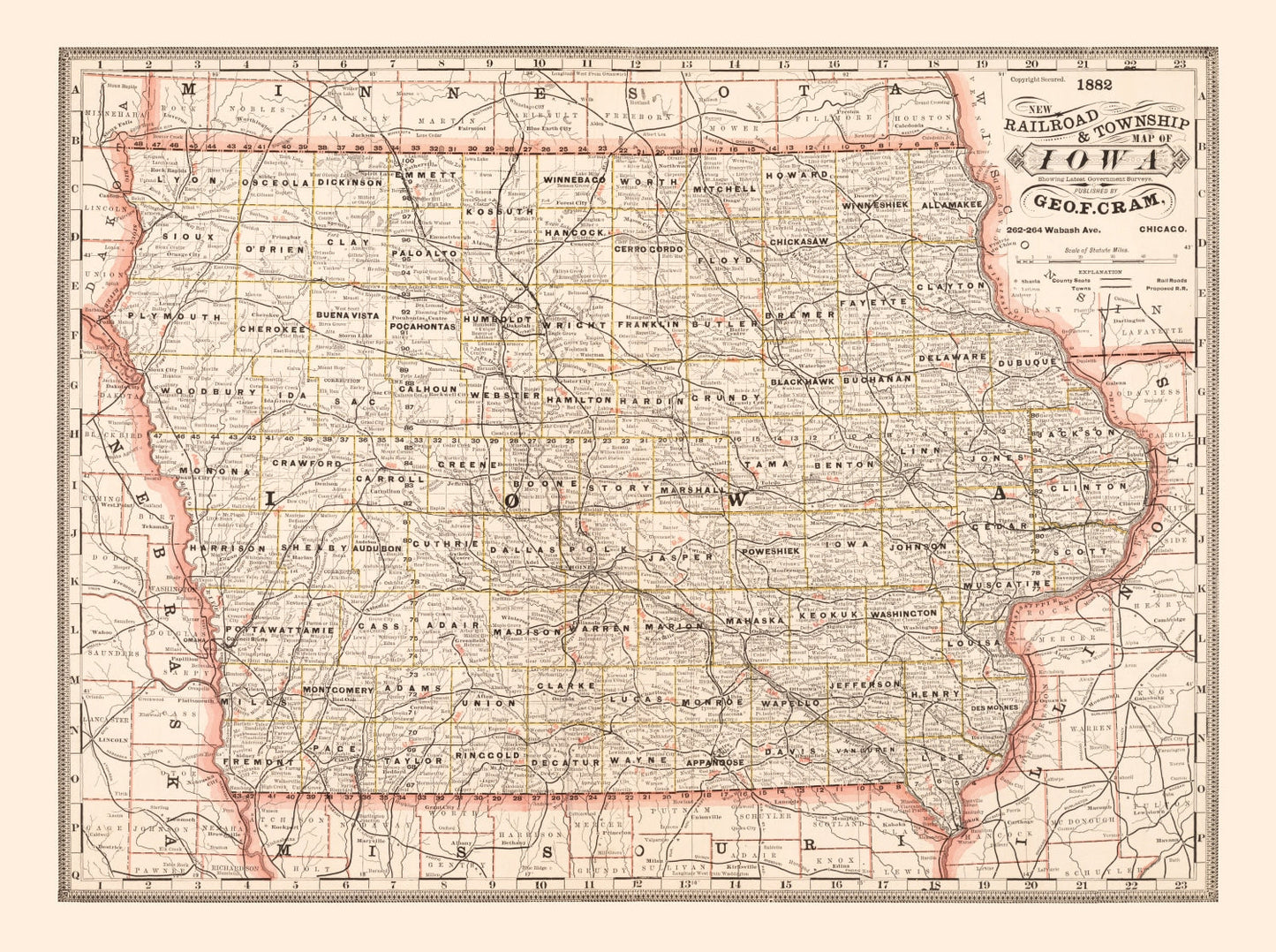 Vintage Railroad Map of Iowa, 1882
