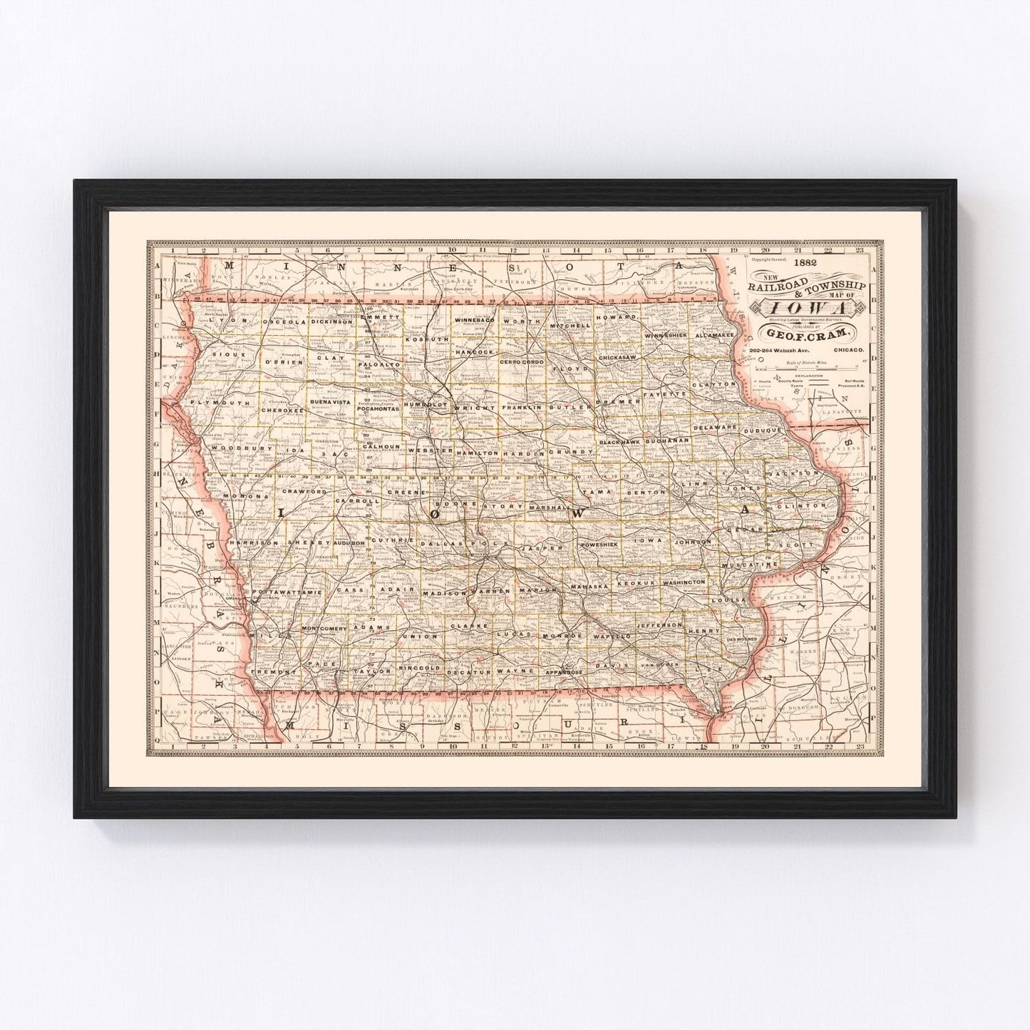 vintage railroad map of Iowa, 1882