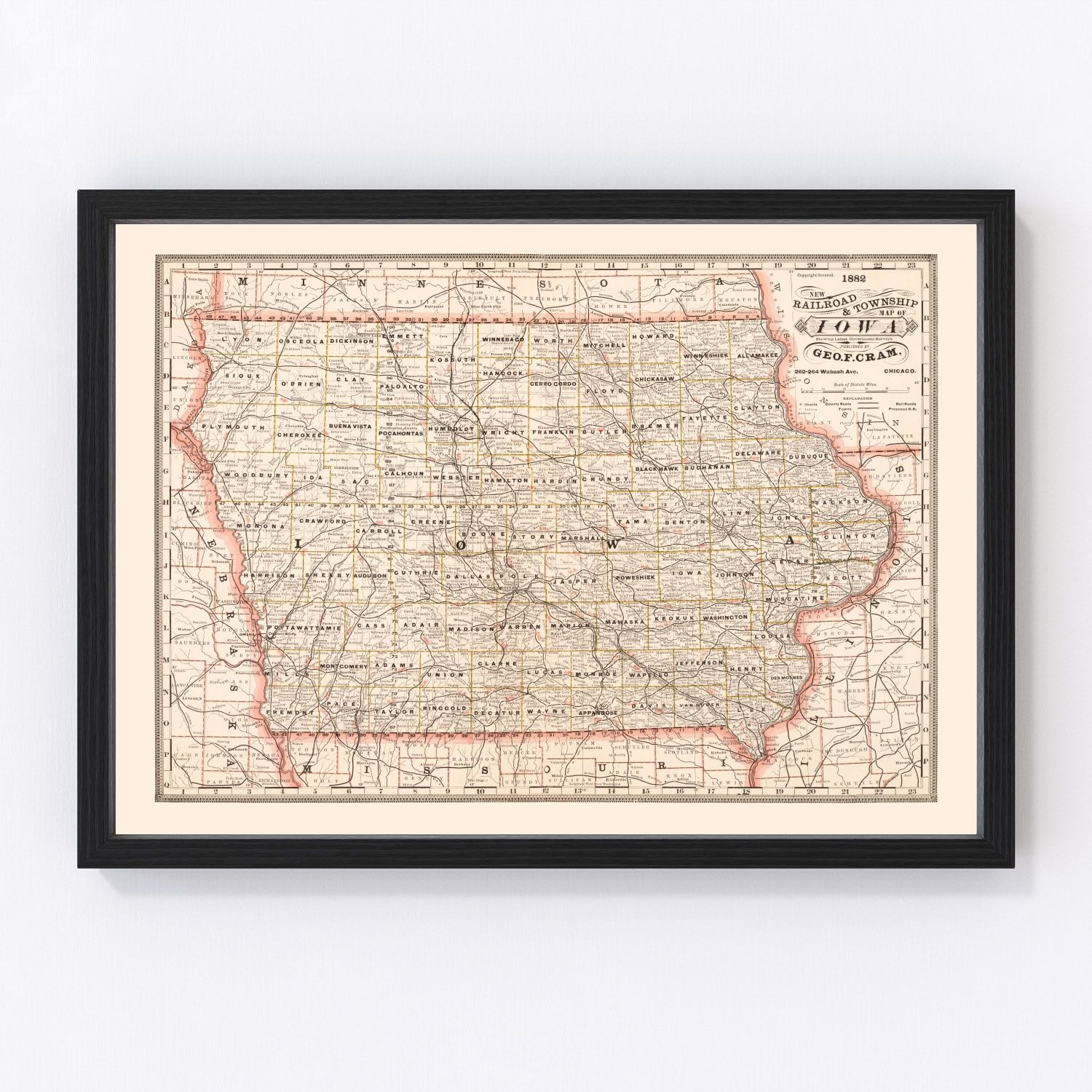 vintage railroad map of Iowa, 1882