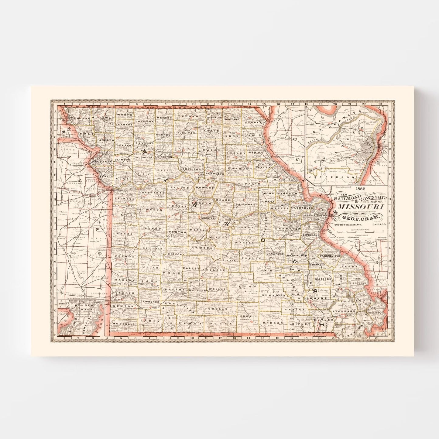 Vintage Railroad Map of Missouri, 1882