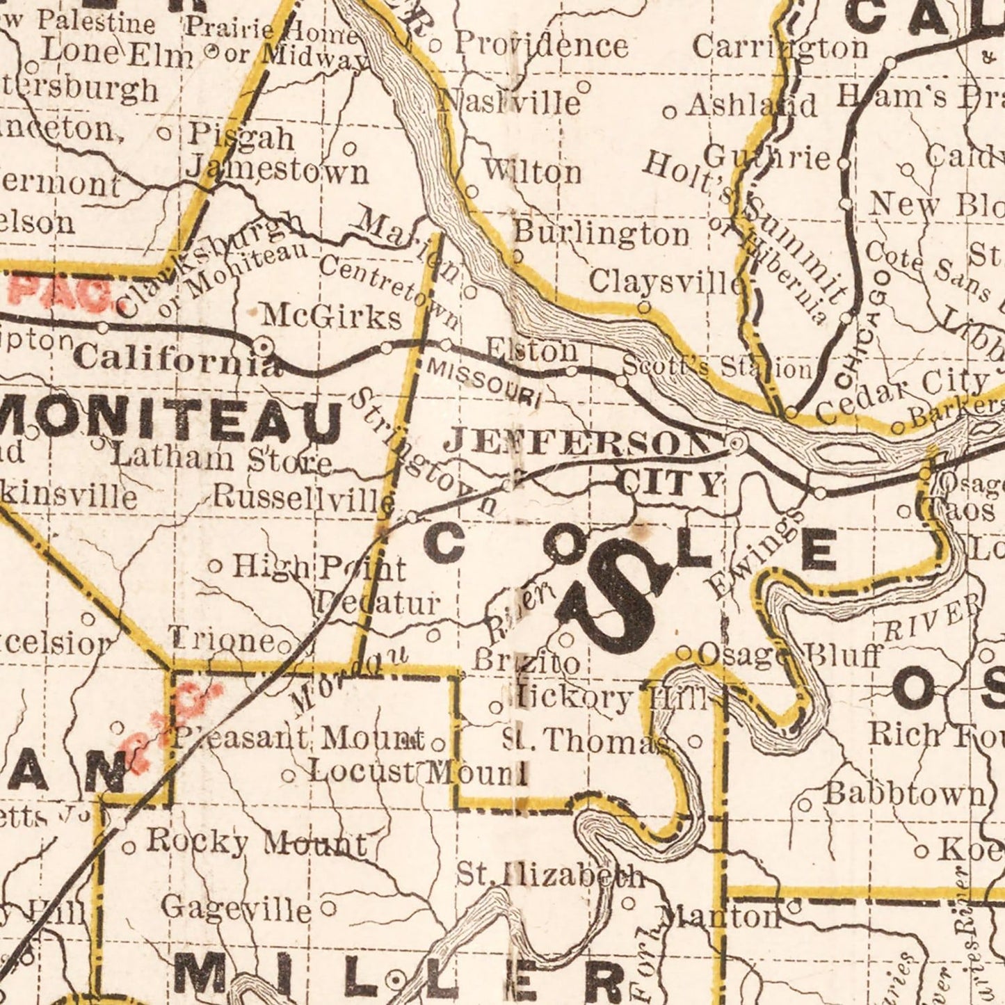 Vintage Railroad Map of Missouri, 1882