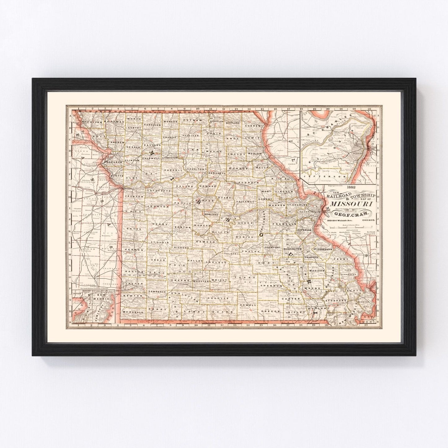 vintage railroad map of Missouri, 1882