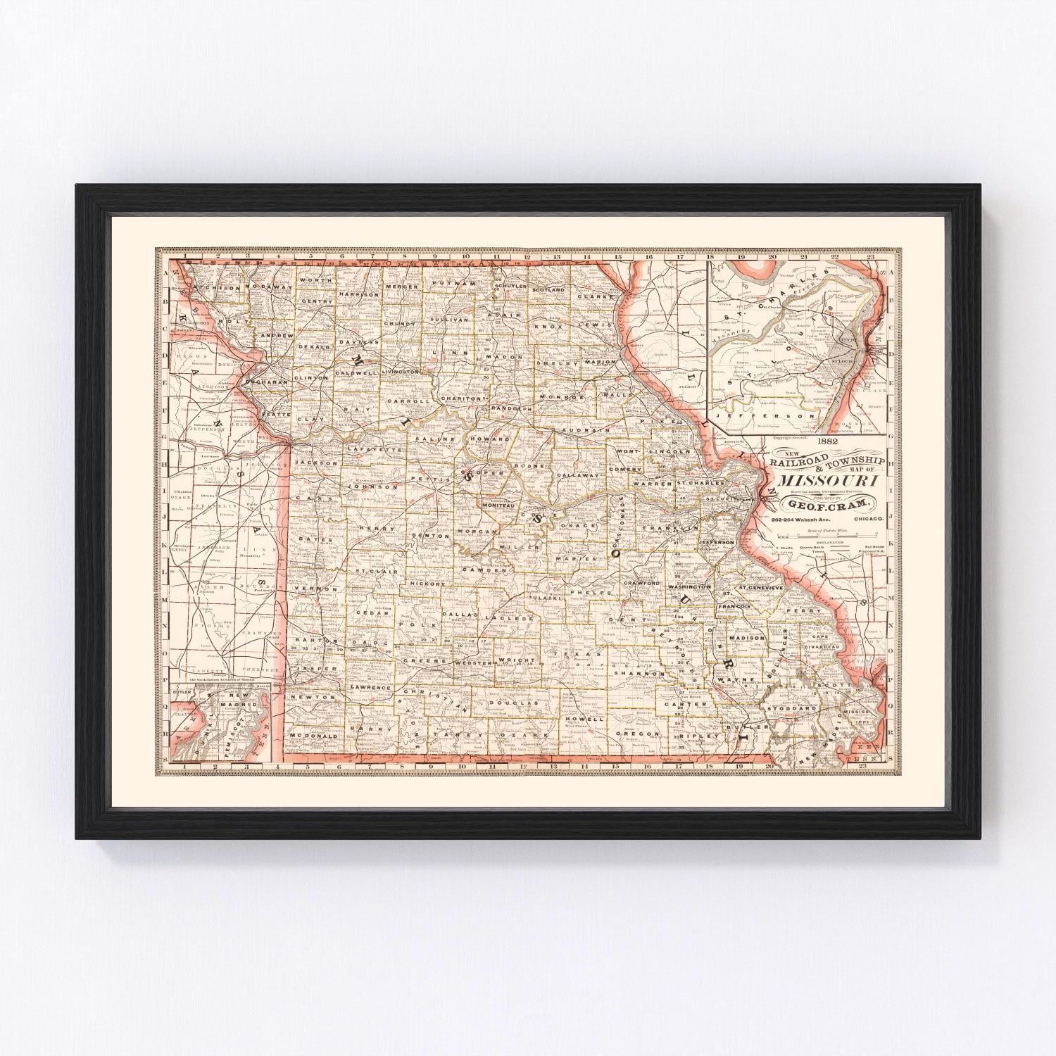 vintage railroad map of Missouri, 1882