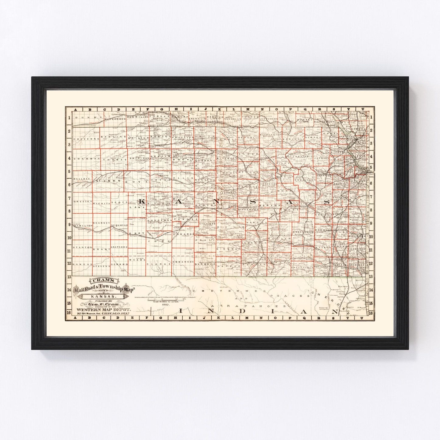 vintage railroad map of Nebraska, 1882