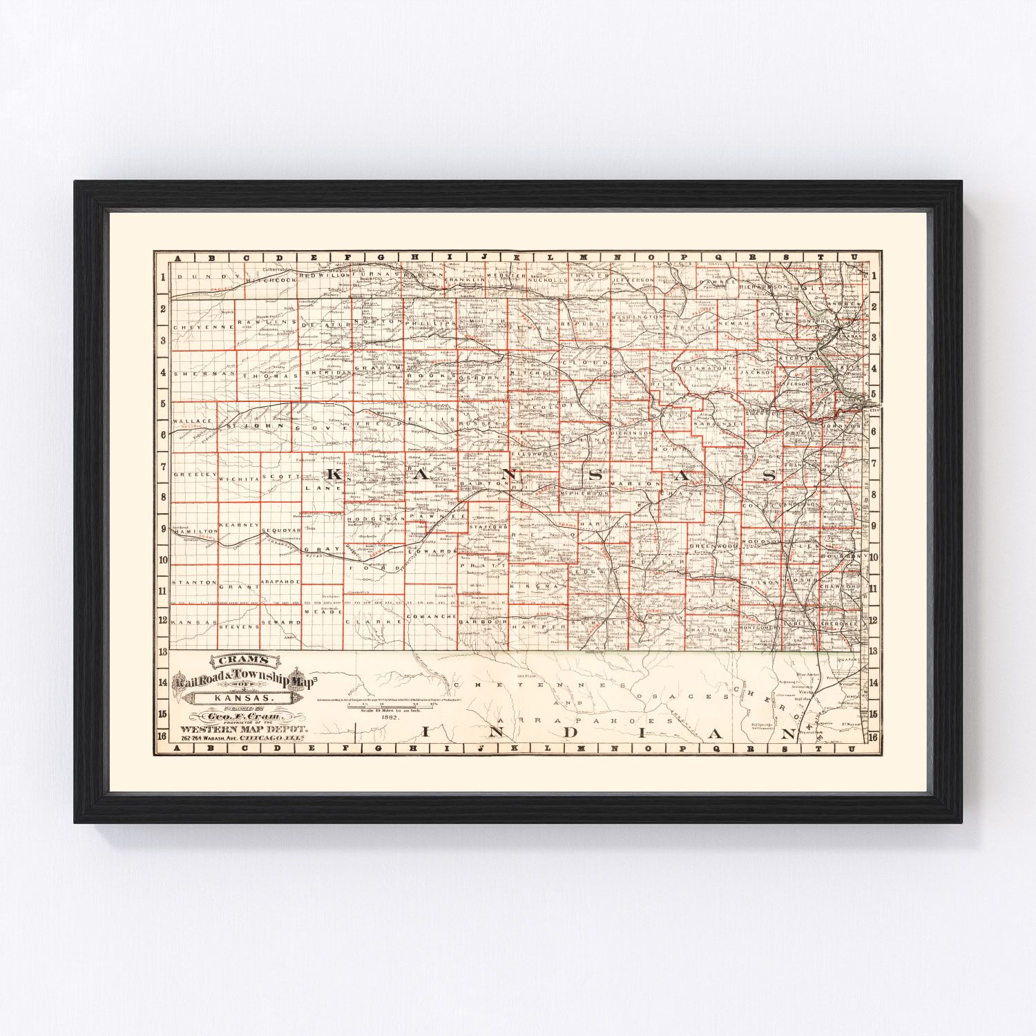 vintage railroad map of Nebraska, 1882