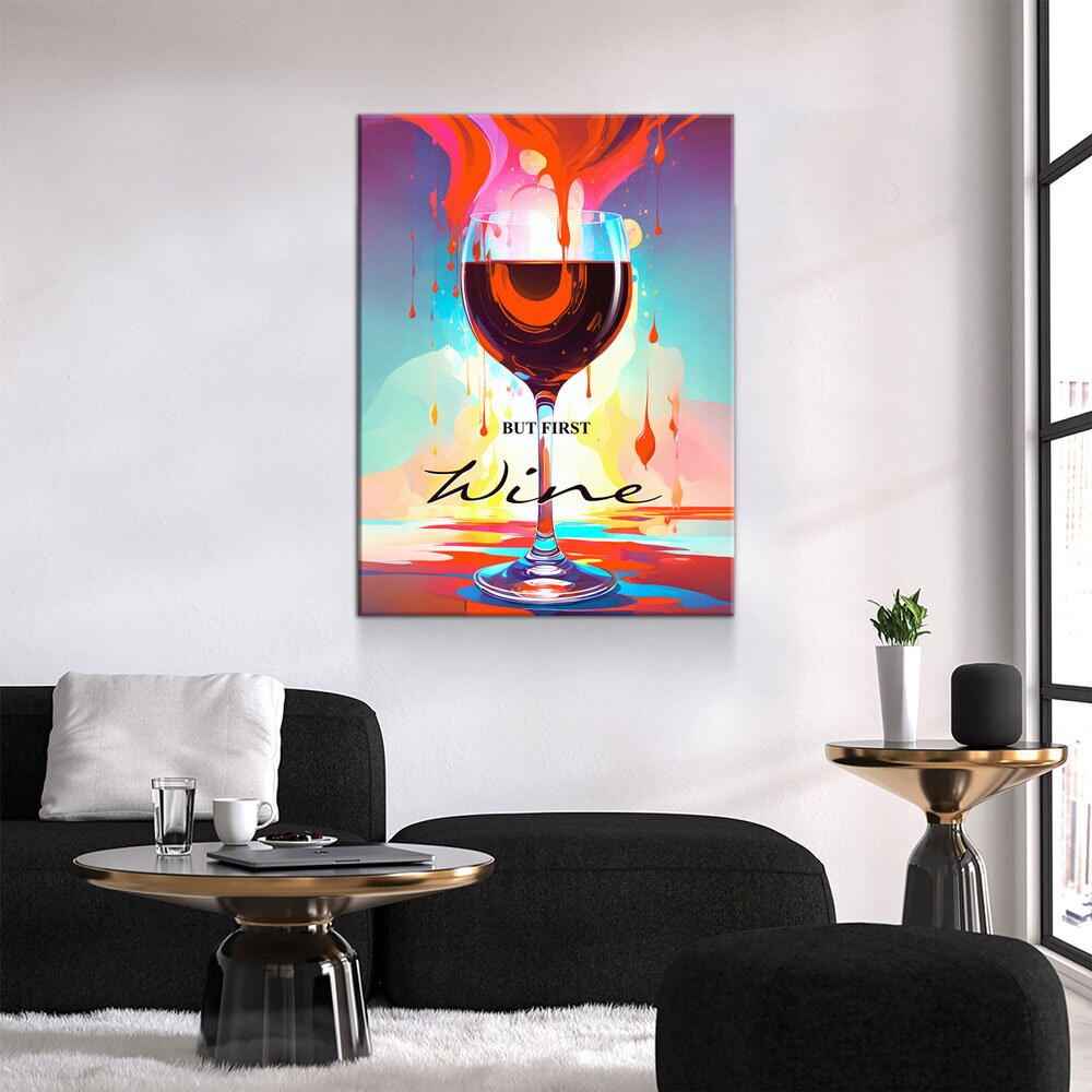 But First Wine Canvas Wall Art, Abstract Wine Print