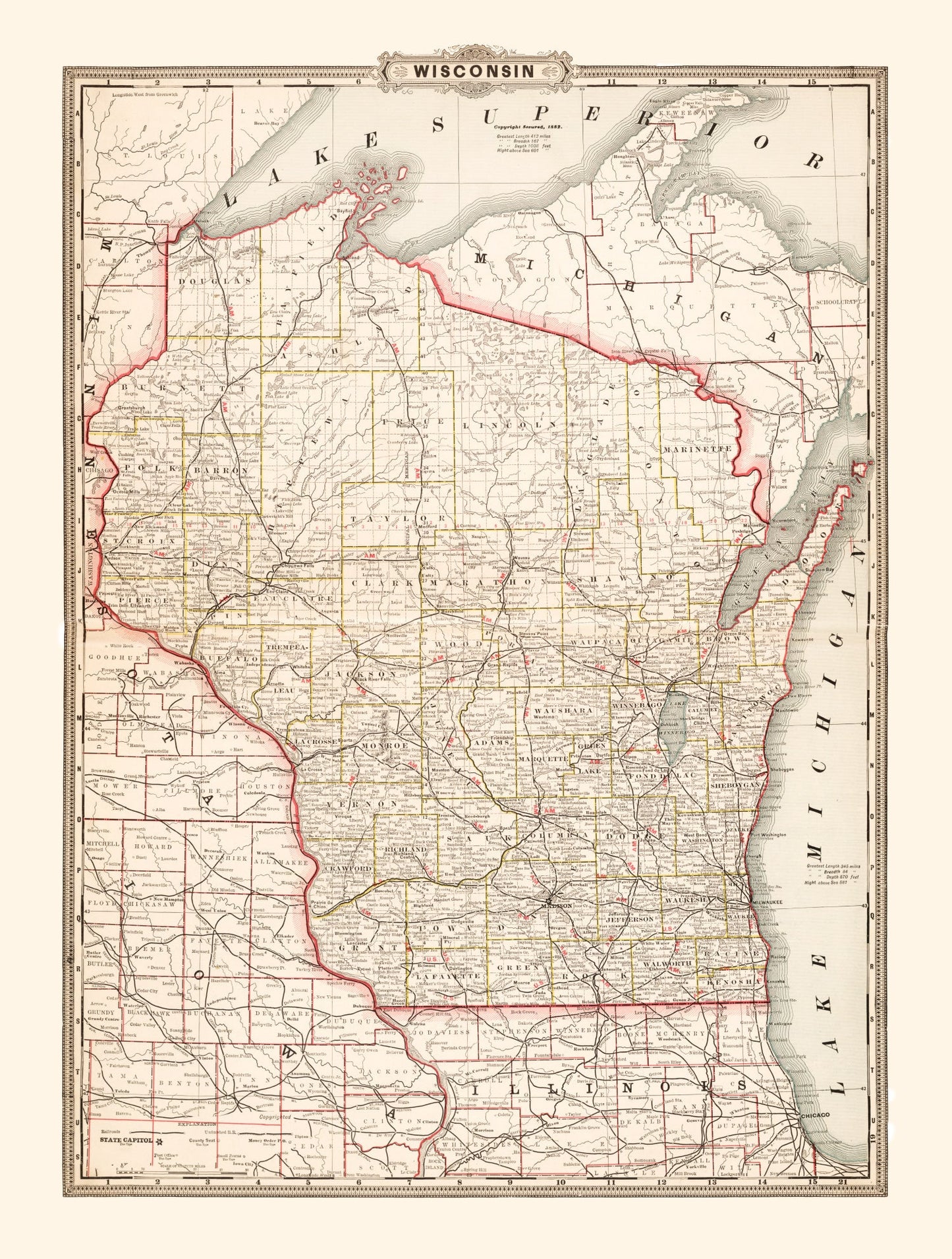 Vintage Map of Wisconsin, 1882