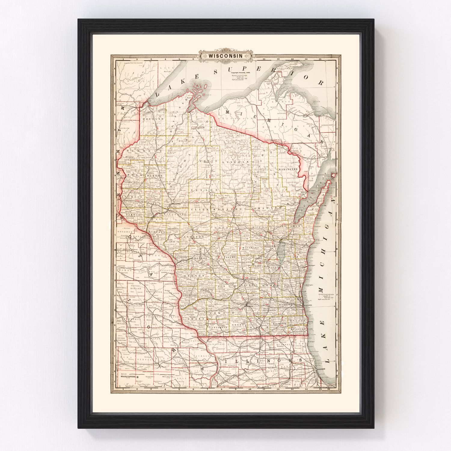 Vintage map of Wisconsin state, 1882, late Victorian era restored