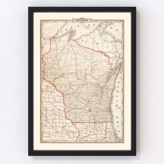 Vintage map of Wisconsin state, 1882, late Victorian era restored