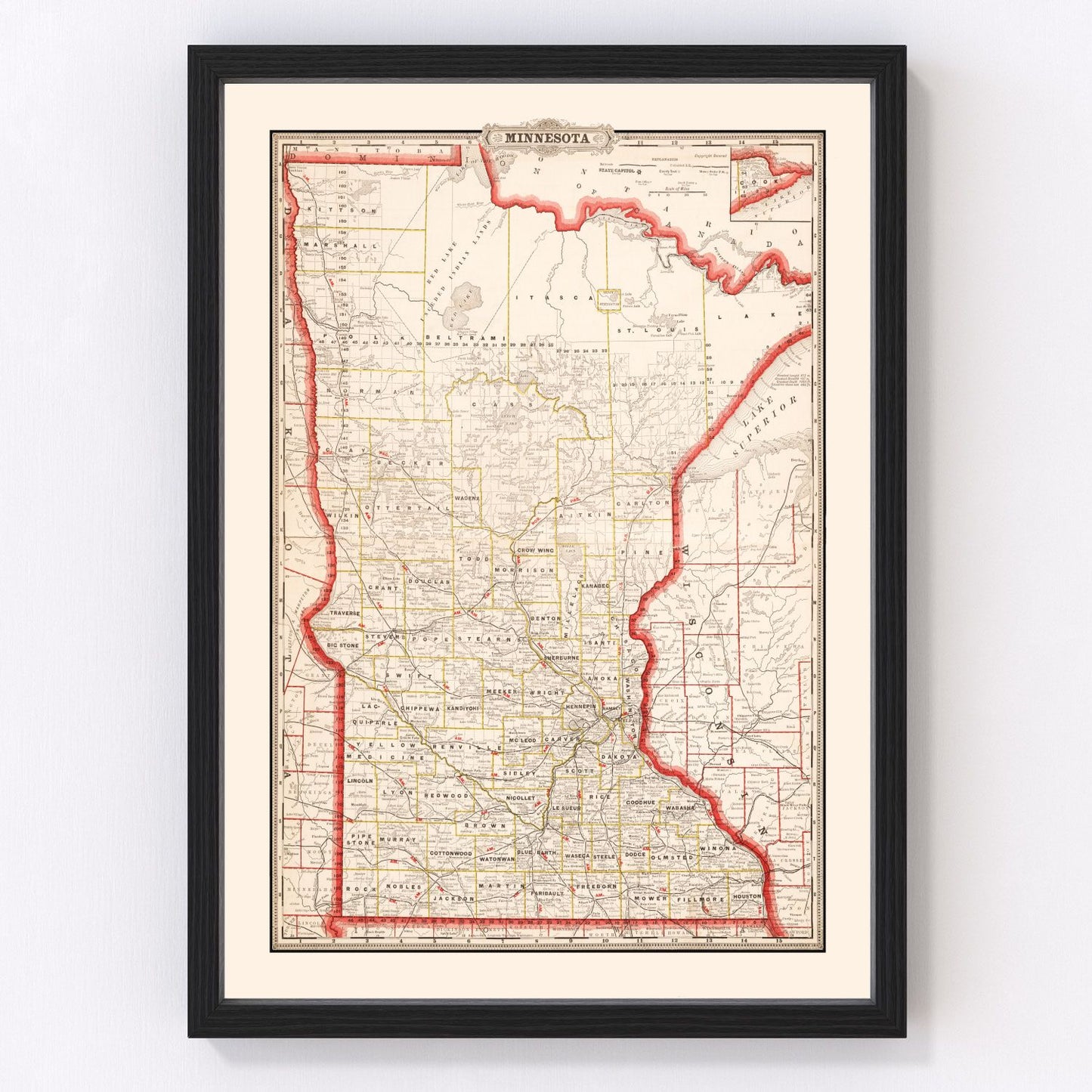 vintage map of Minnesota, 1882