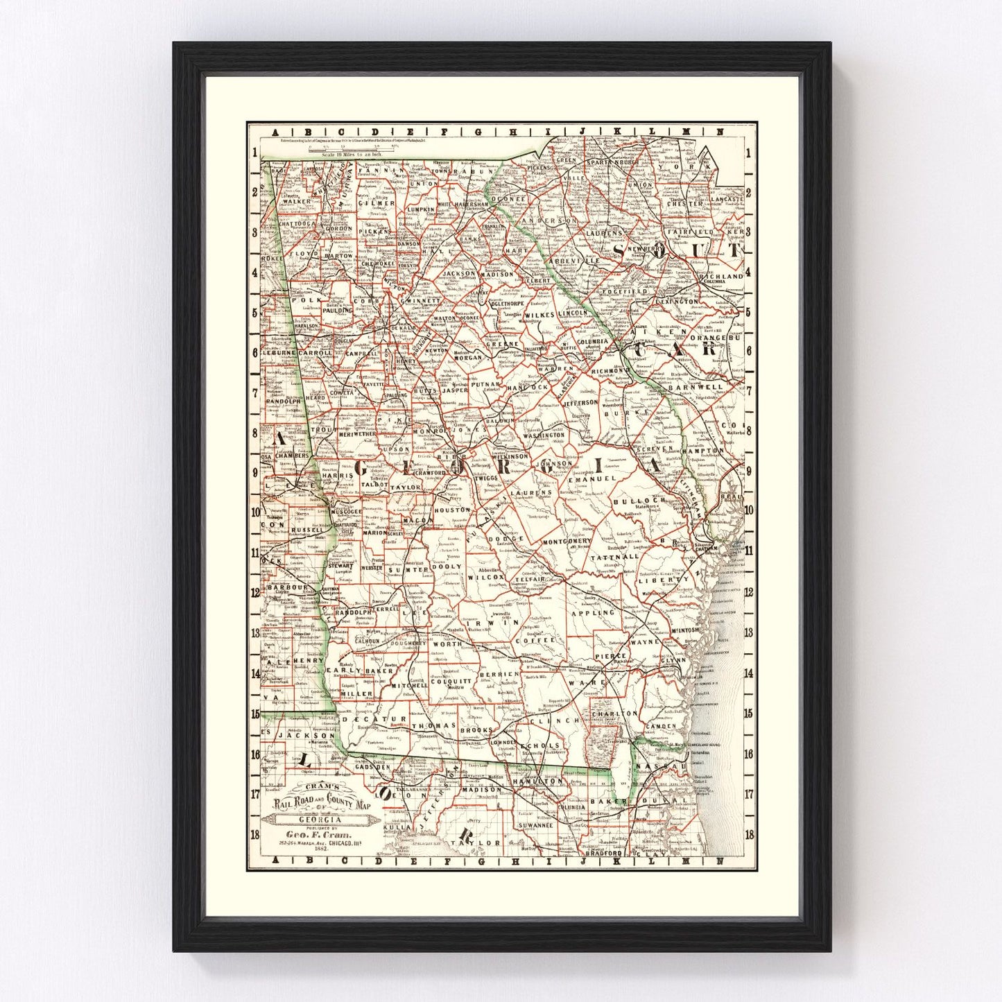 vintage railroad map of Georgia, 1882