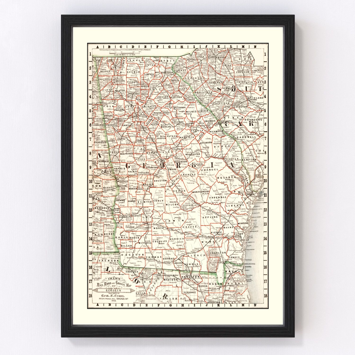vintage railroad map of Georgia, 1882