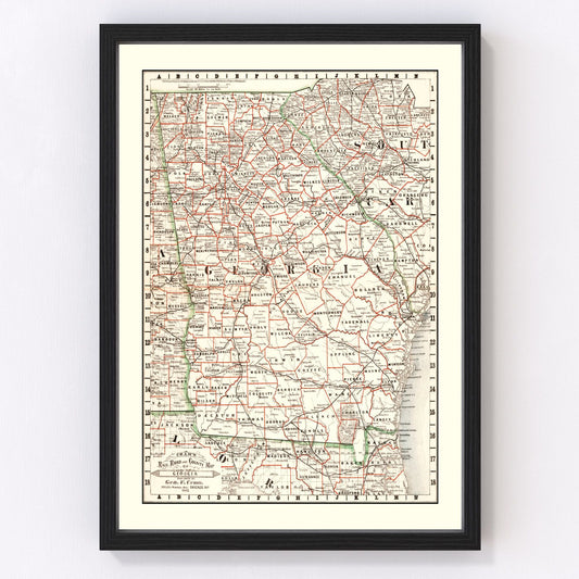 vintage railroad map of Georgia, 1882
