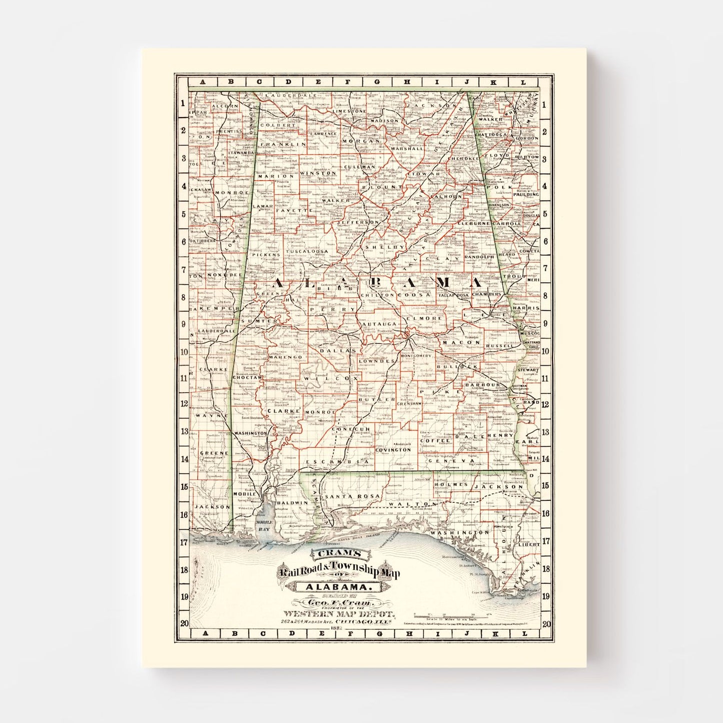 Vintage Railroad Map of Alabama, 1882