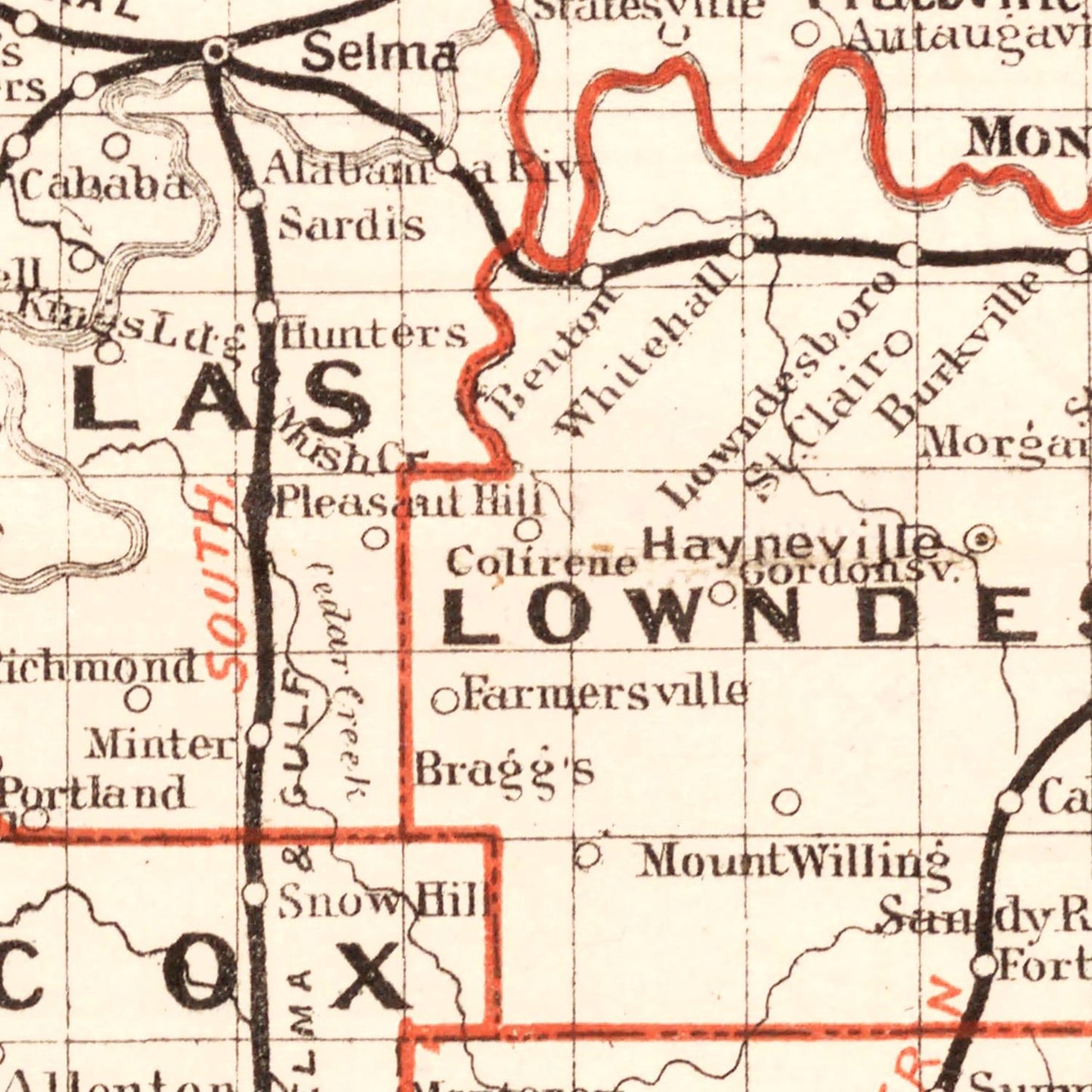 Vintage Railroad Map of Alabama, 1882