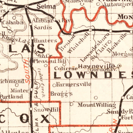 Vintage Railroad Map of Alabama, 1882