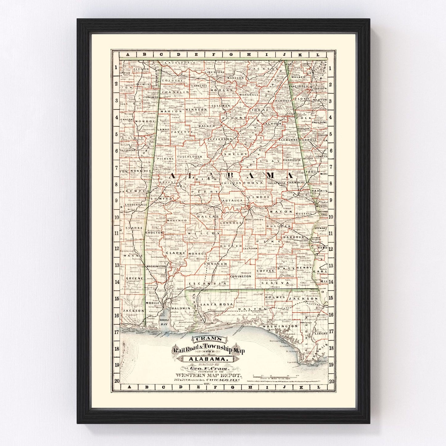 Vintage railroad map of Alabama, 1882, digitally restored