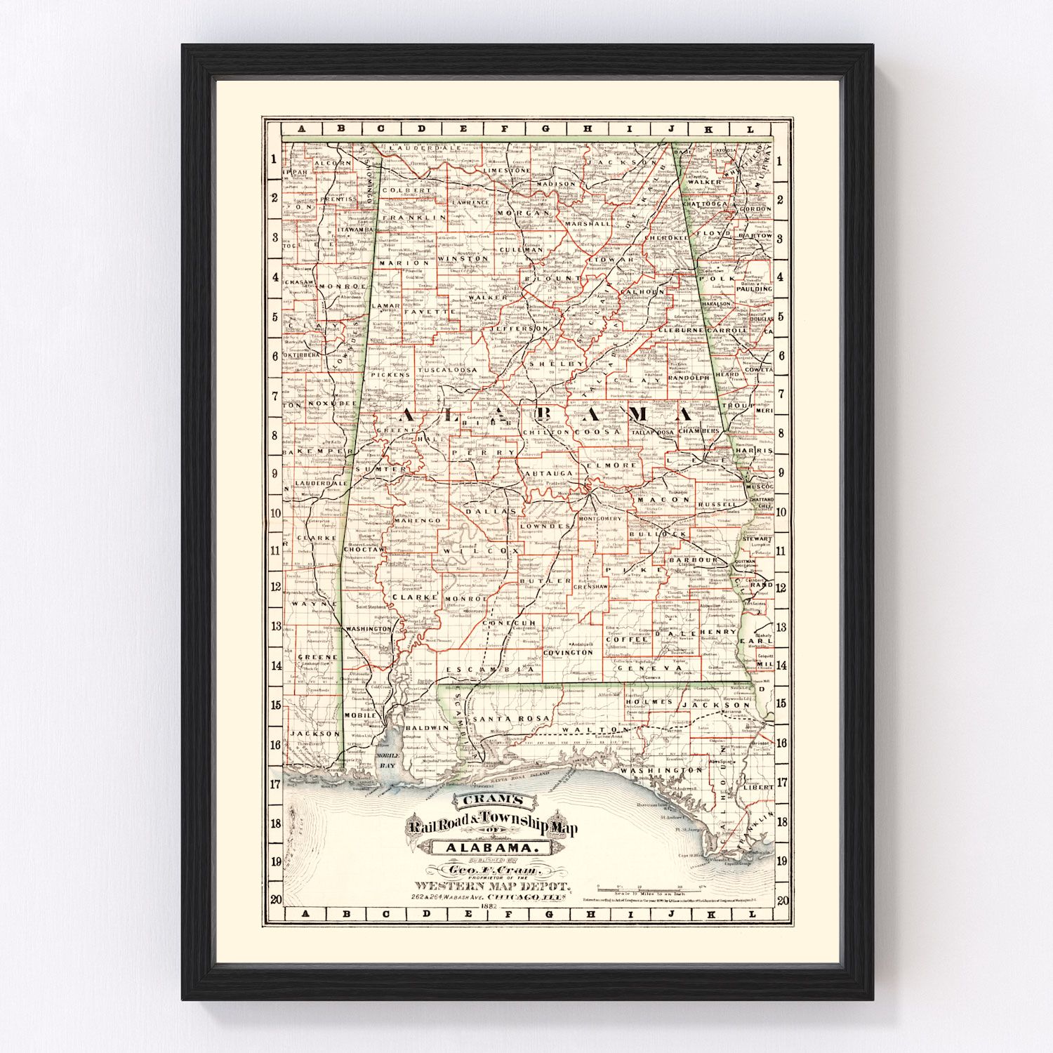 Vintage railroad map of Alabama, 1882, digitally restored