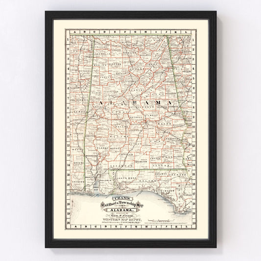 Vintage railroad map of Alabama, 1882, digitally restored
