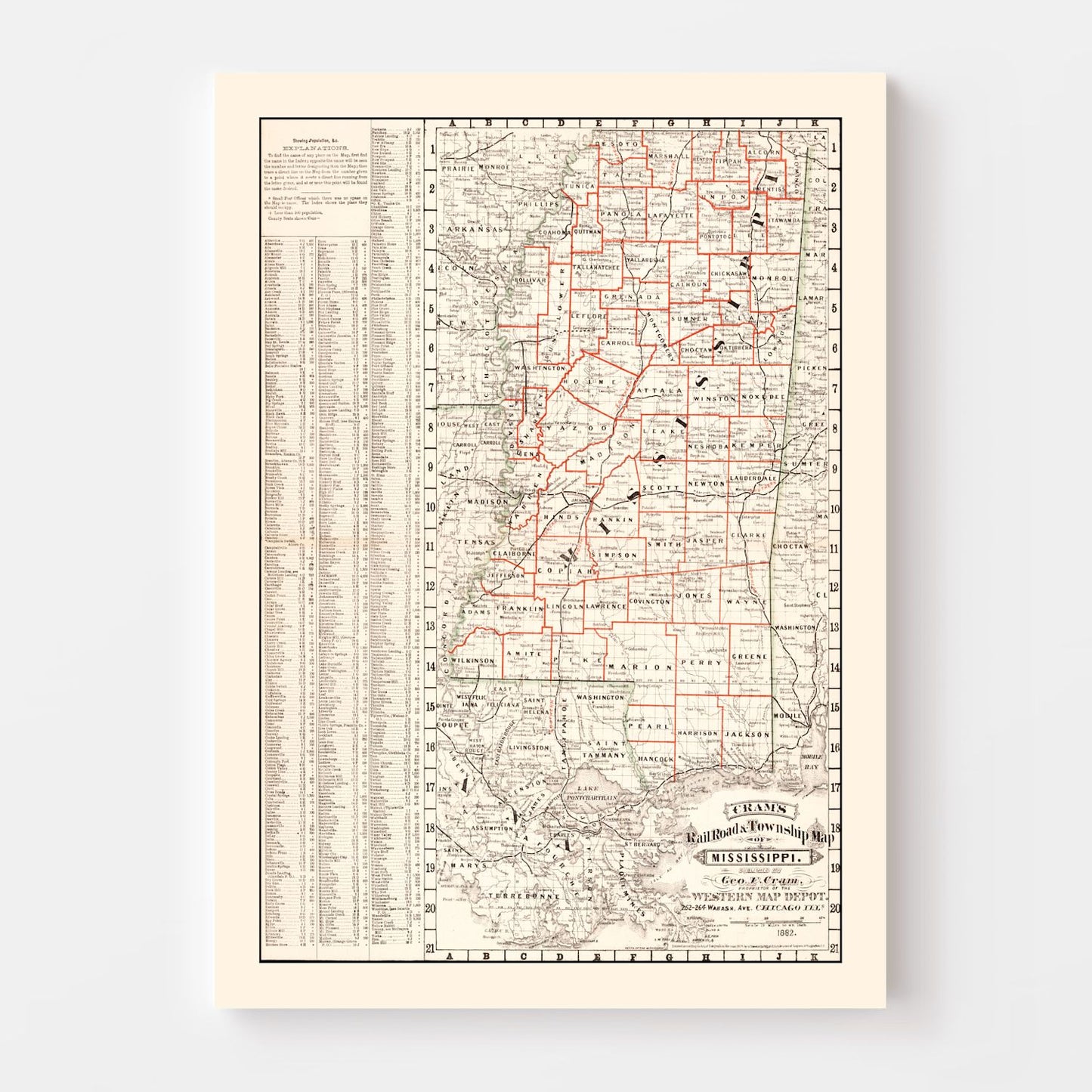 Vintage Railroad Map of Mississippi, 1882