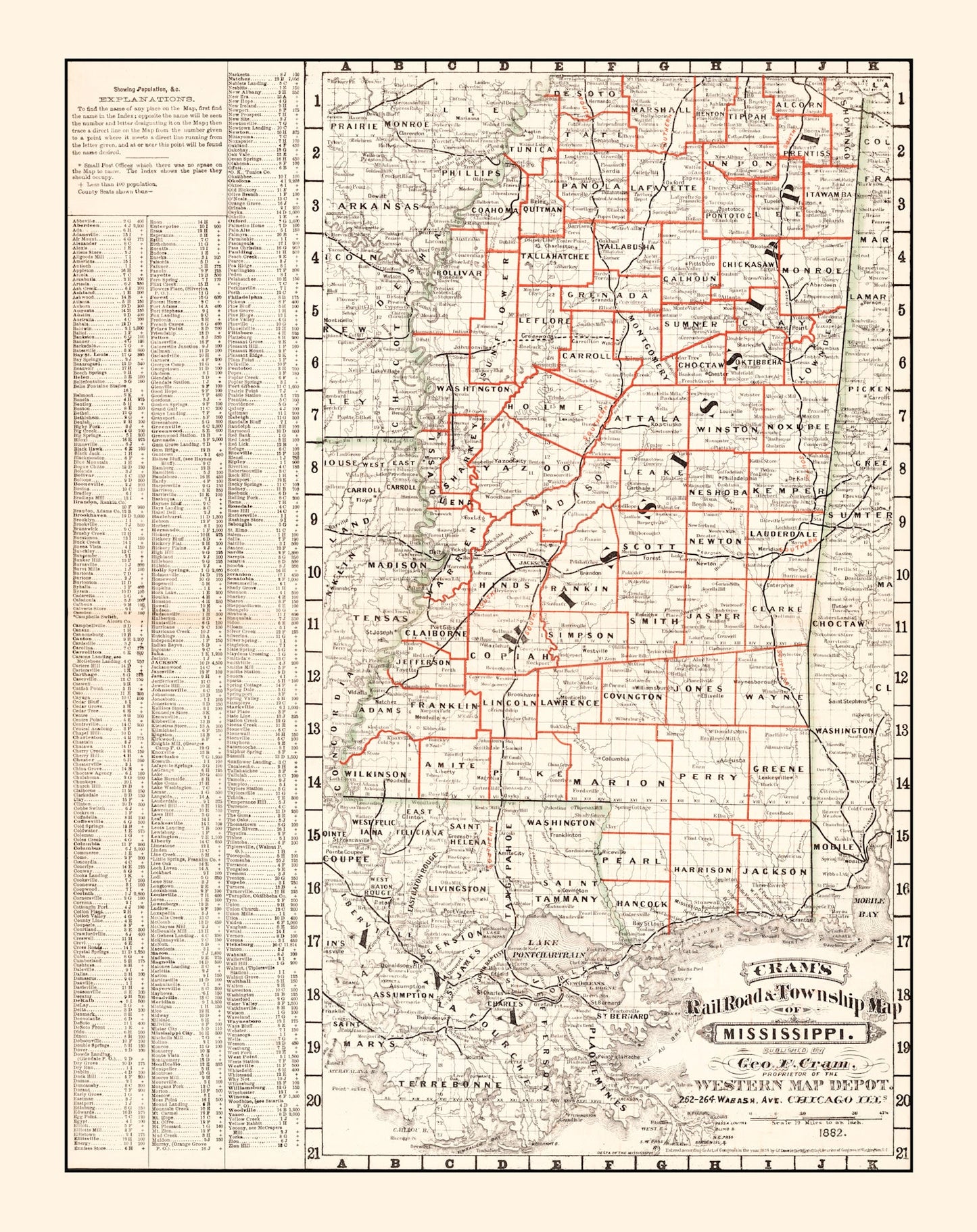 Vintage Railroad Map of Mississippi, 1882