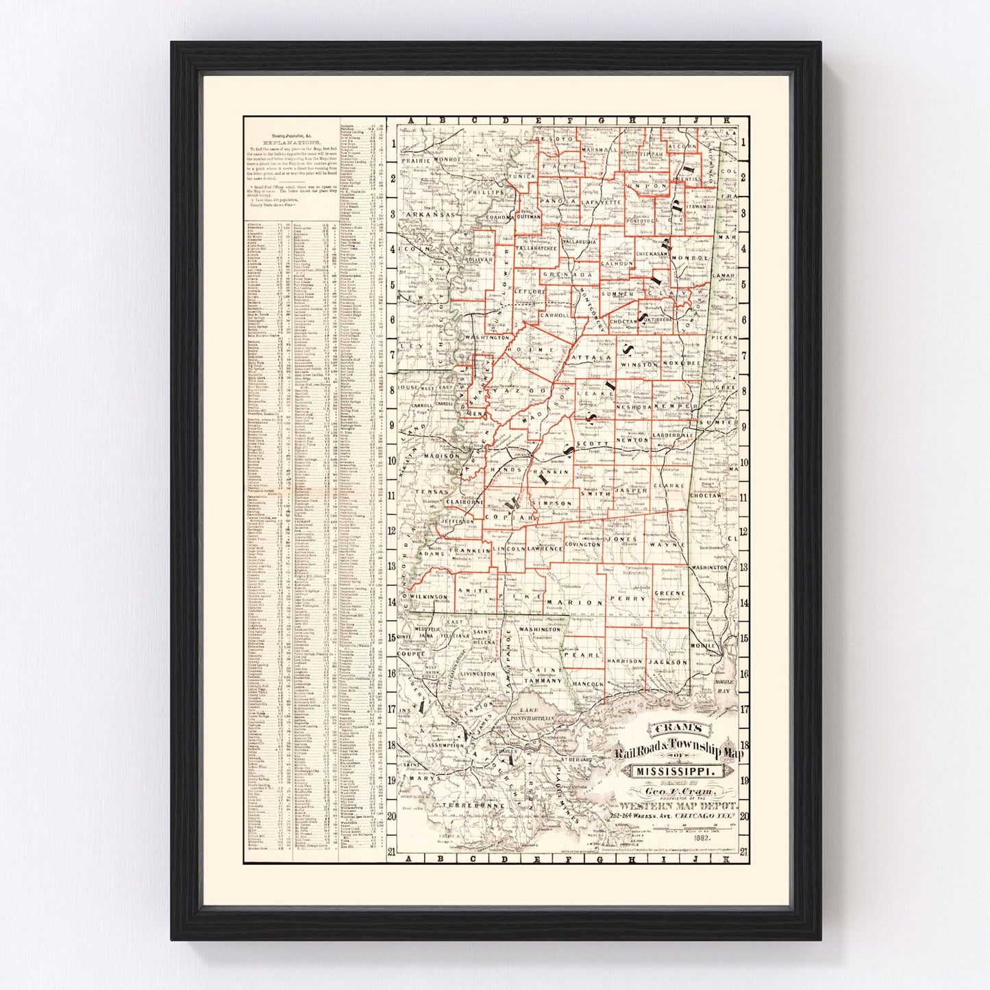 vintage railroad map of Mississippi, 1882