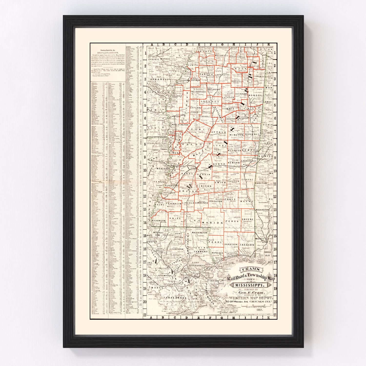 vintage railroad map of Mississippi, 1882