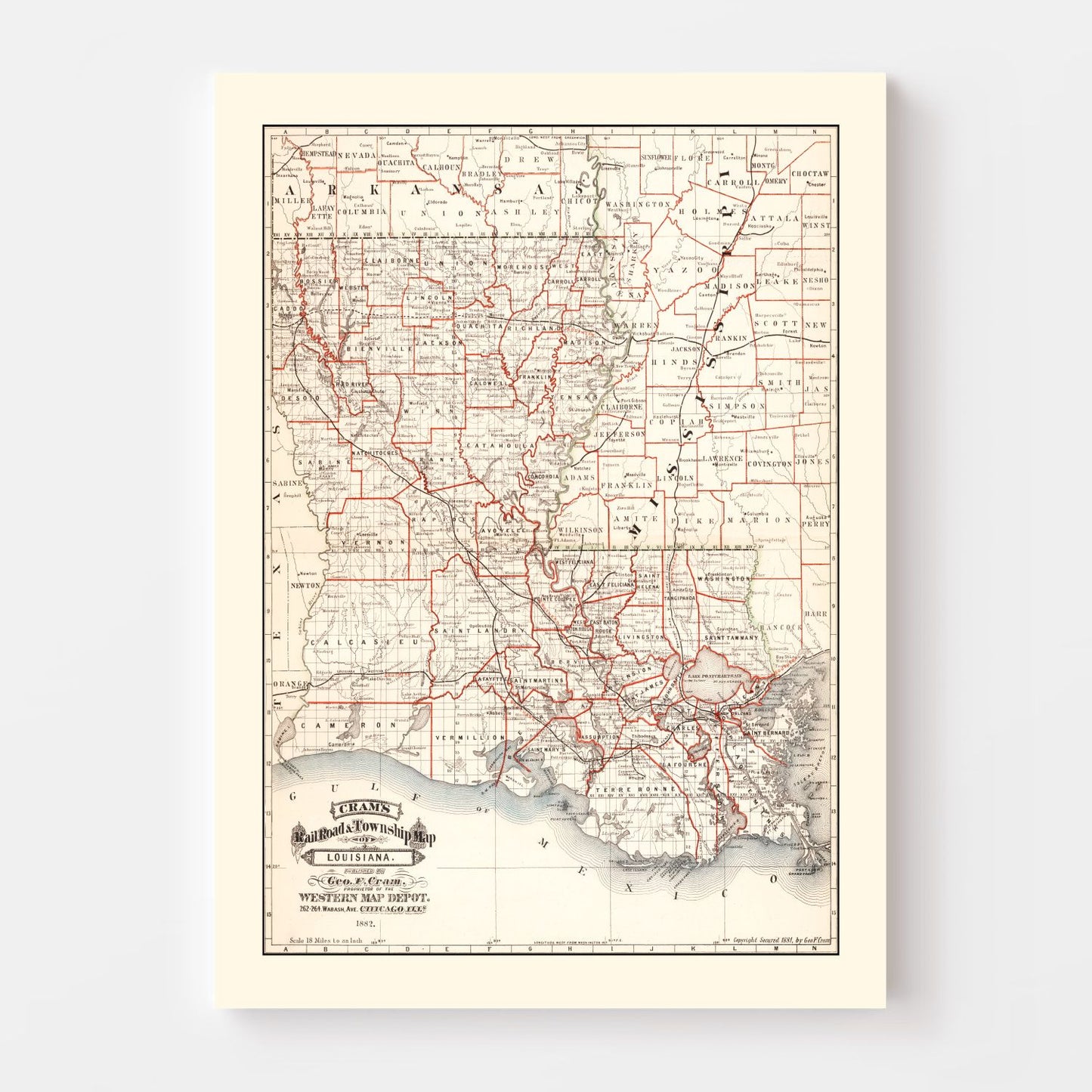 Vintage Railroad Map of Louisiana, 1882