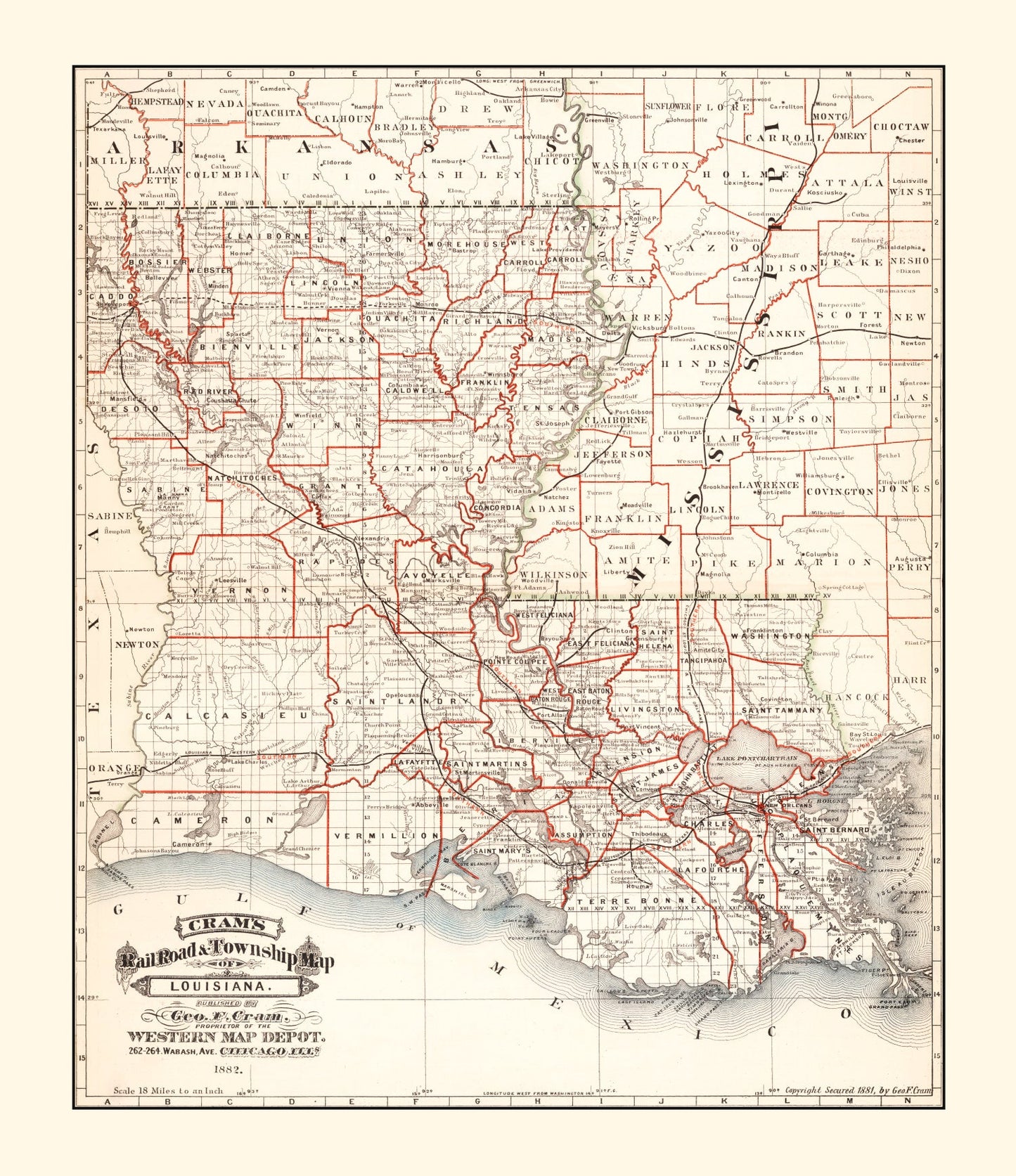 Vintage Railroad Map of Louisiana, 1882