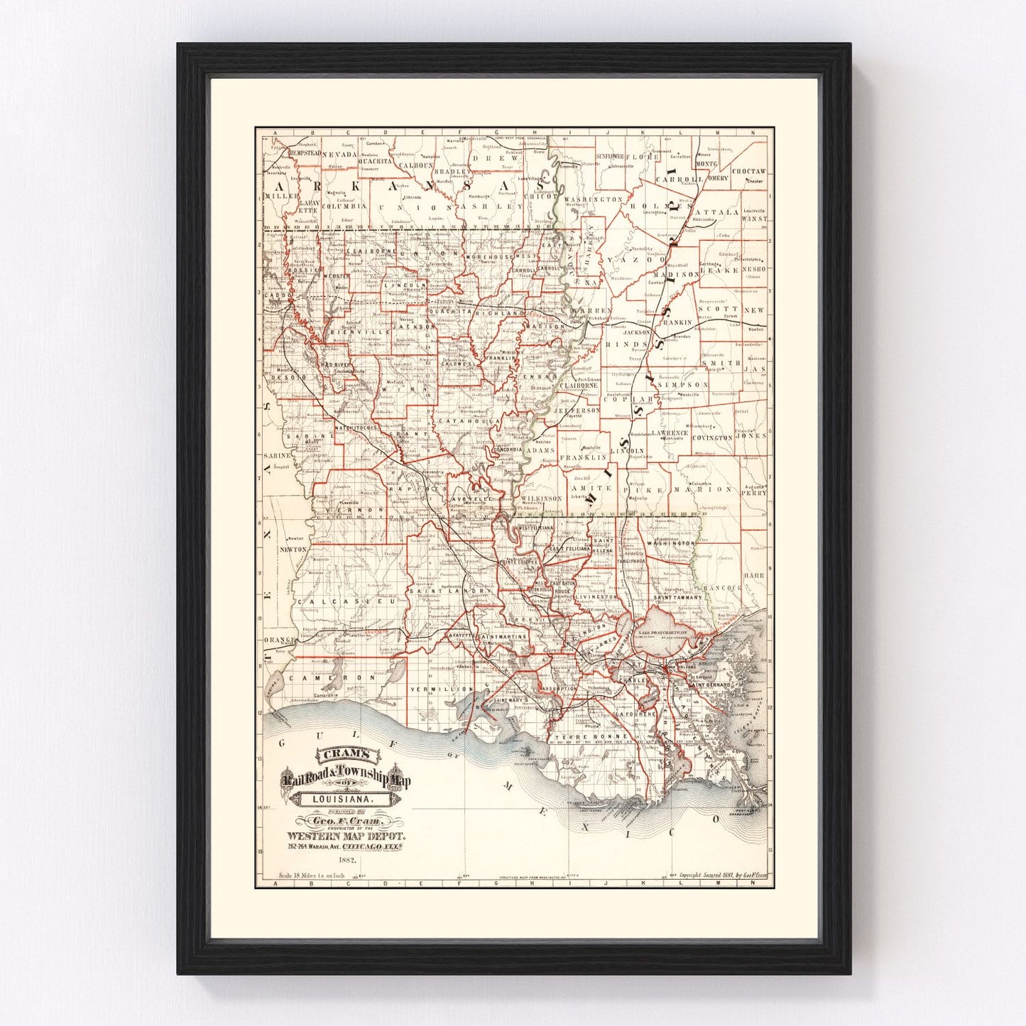 vintage railroad map of Louisiana, 1882