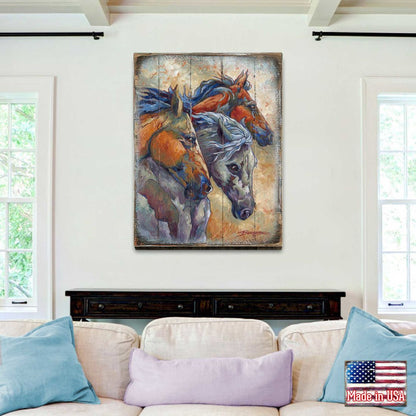 Running Horses Wood Block Wall Art, Wildlife Decor