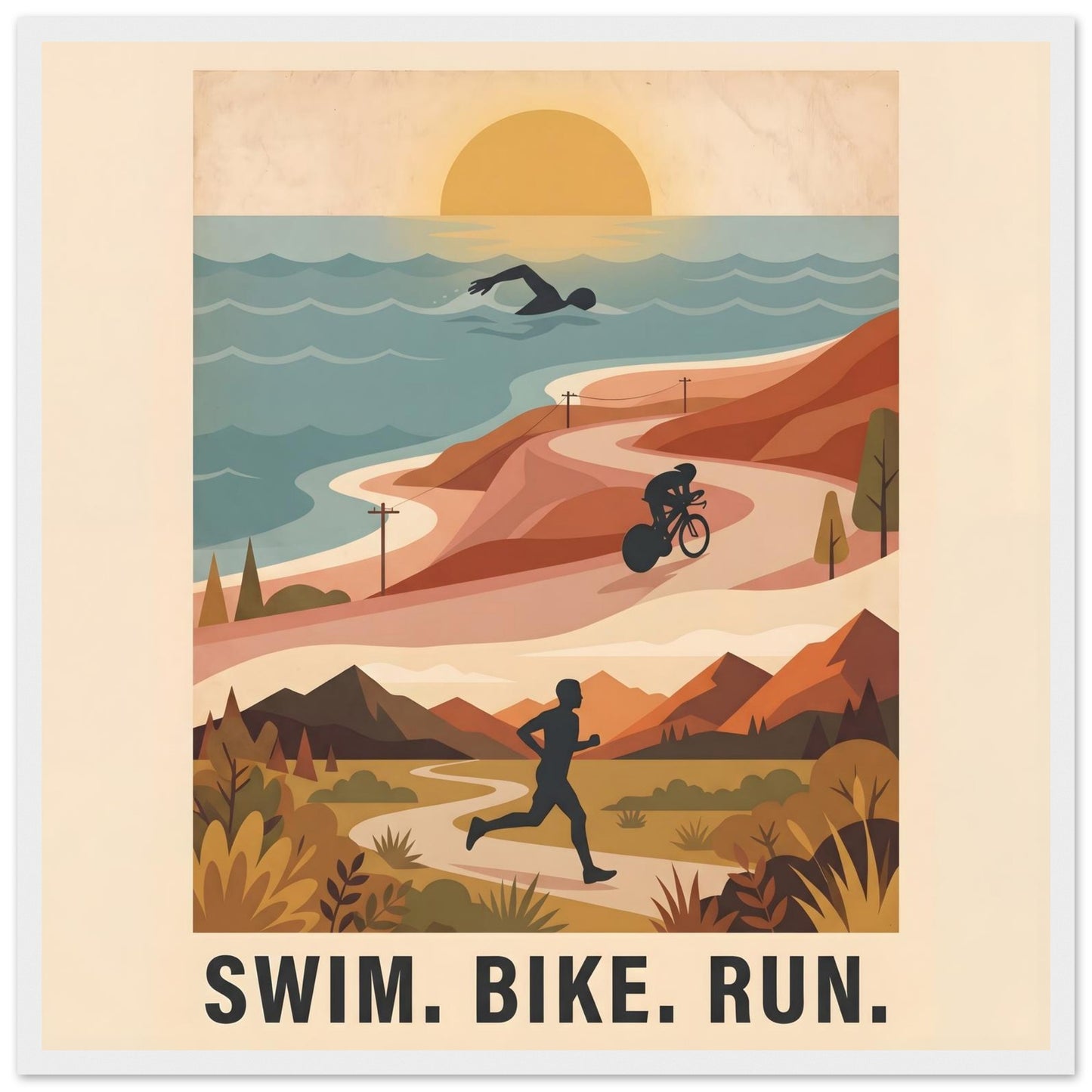 Triathlon Poster: Retro Swim Bike Run Framed Wall Art - 50x50 cm / 20x20″ - White frame / Ready-to-hang - Sparkycare