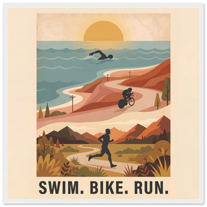 Triathlon Poster: Retro Swim Bike Run Framed Wall Art - 50x50 cm / 20x20″ - White frame / Ready-to-hang - Sparkycare