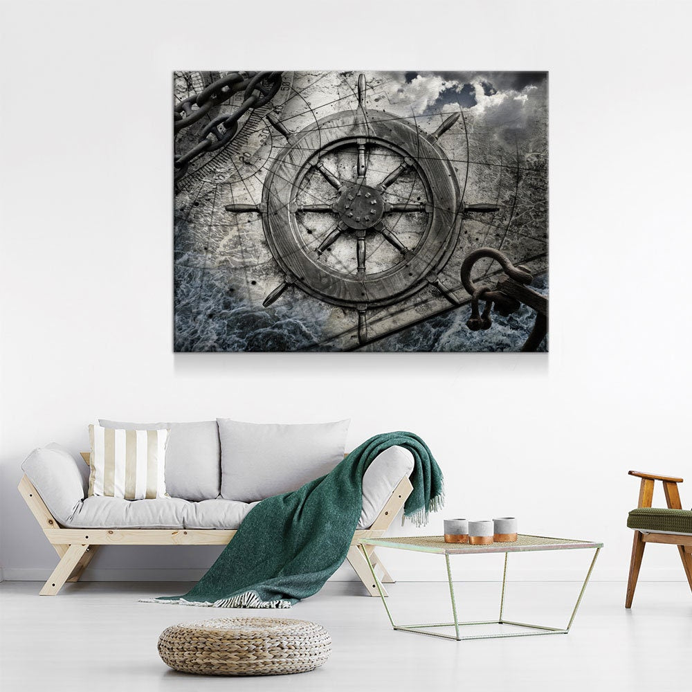 Captain Ships Wheel Canvas Wall Art - Nautical Decor