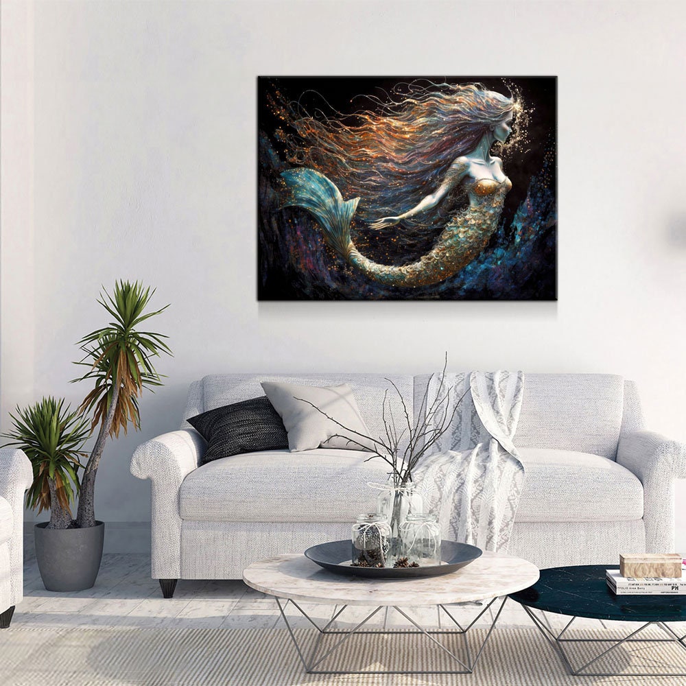Mermaid Canvas Wall Art, Abstract Fantasy Ocean Decor