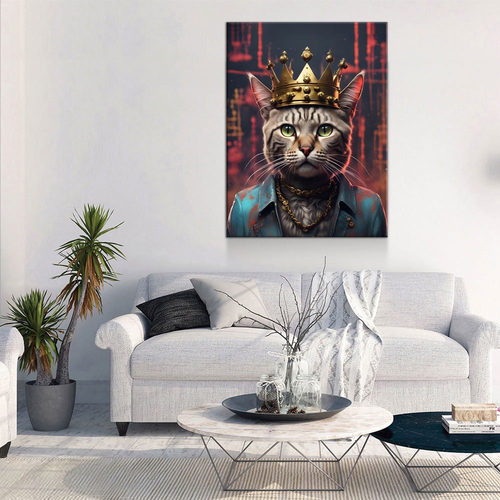 Street King Cat Canvas Wall Art, Cat With Crown Print
