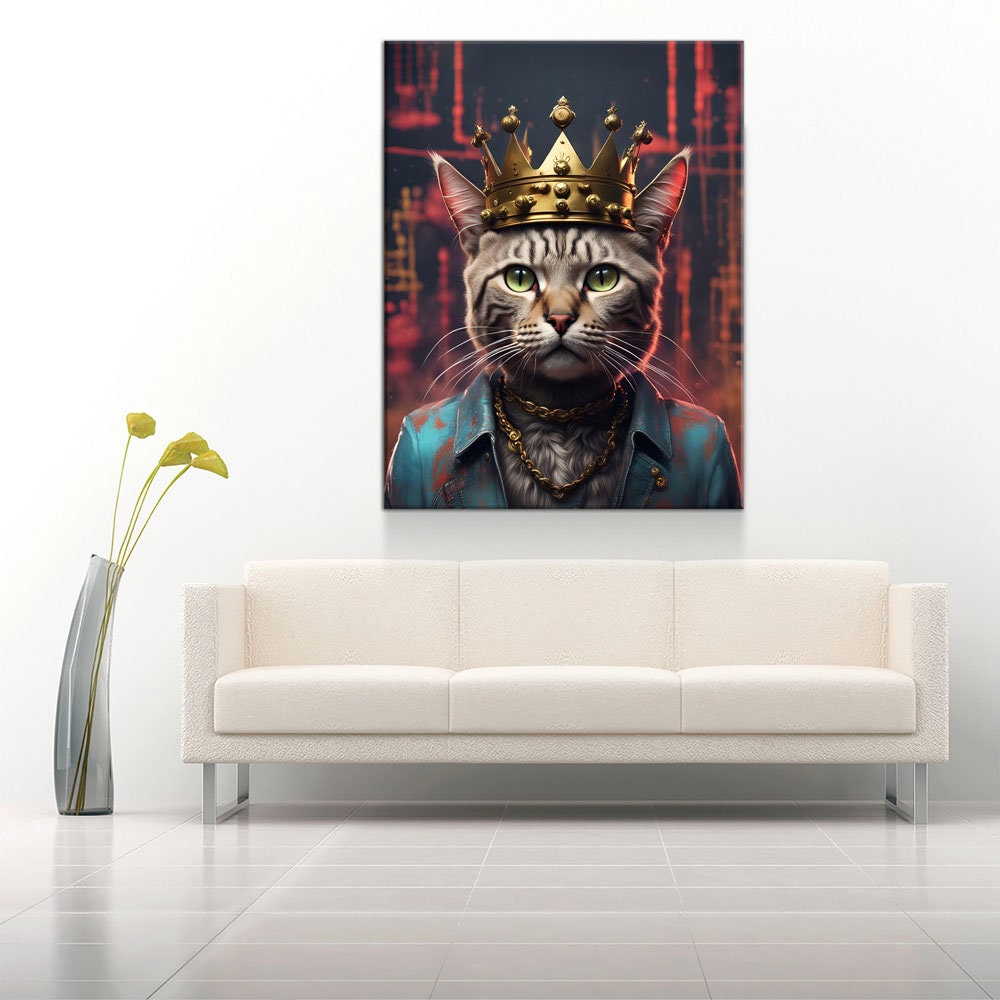 Street King Cat Canvas Wall Art, Cat With Crown Print