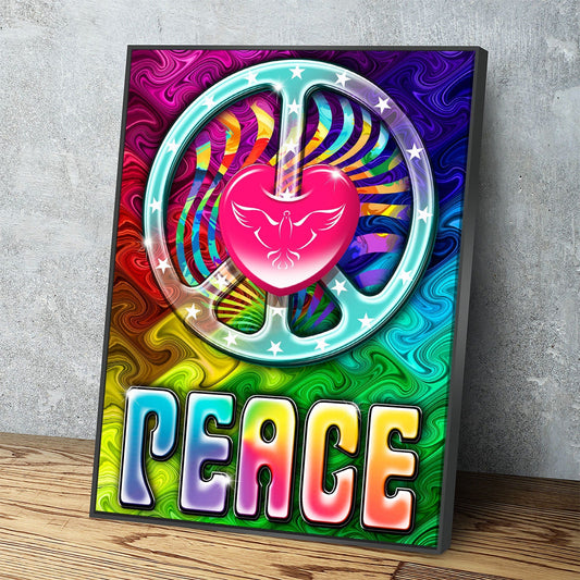 Love And Peace tie-dye psychedelic canvas wall art in a dorm room