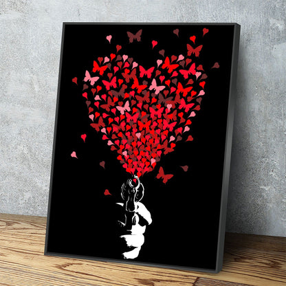 Love Gun abstract heart canvas wall art in a modern bedroom