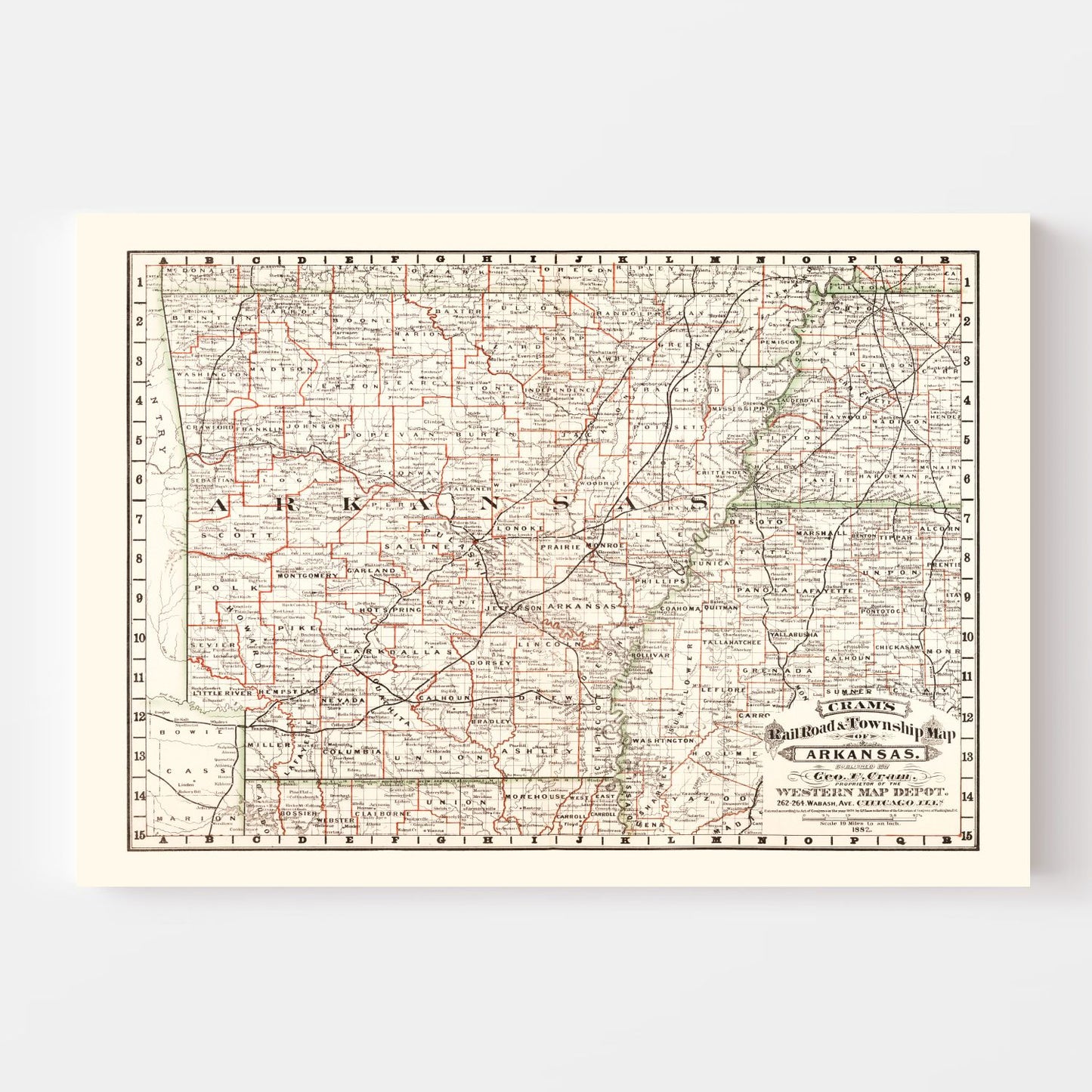 Vintage Railroad Map of Arkansas, 1882
