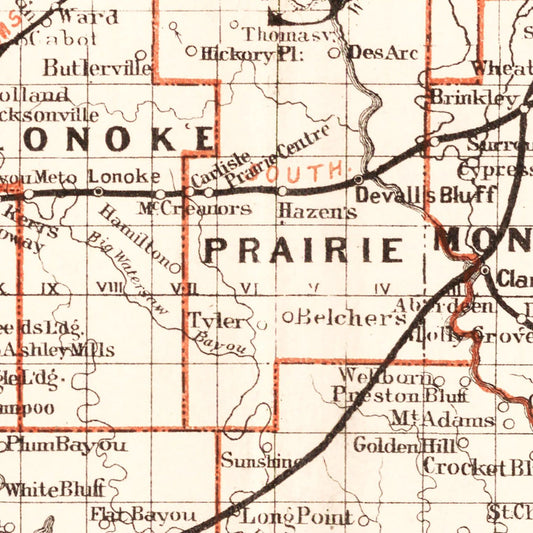 Vintage Railroad Map of Arkansas, 1882