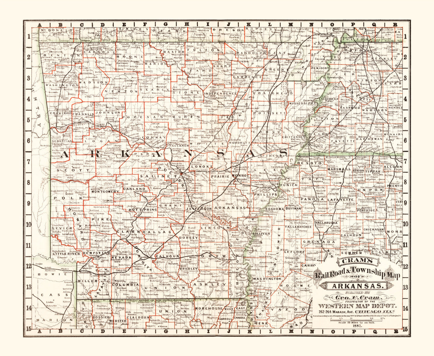 Vintage Railroad Map of Arkansas, 1882
